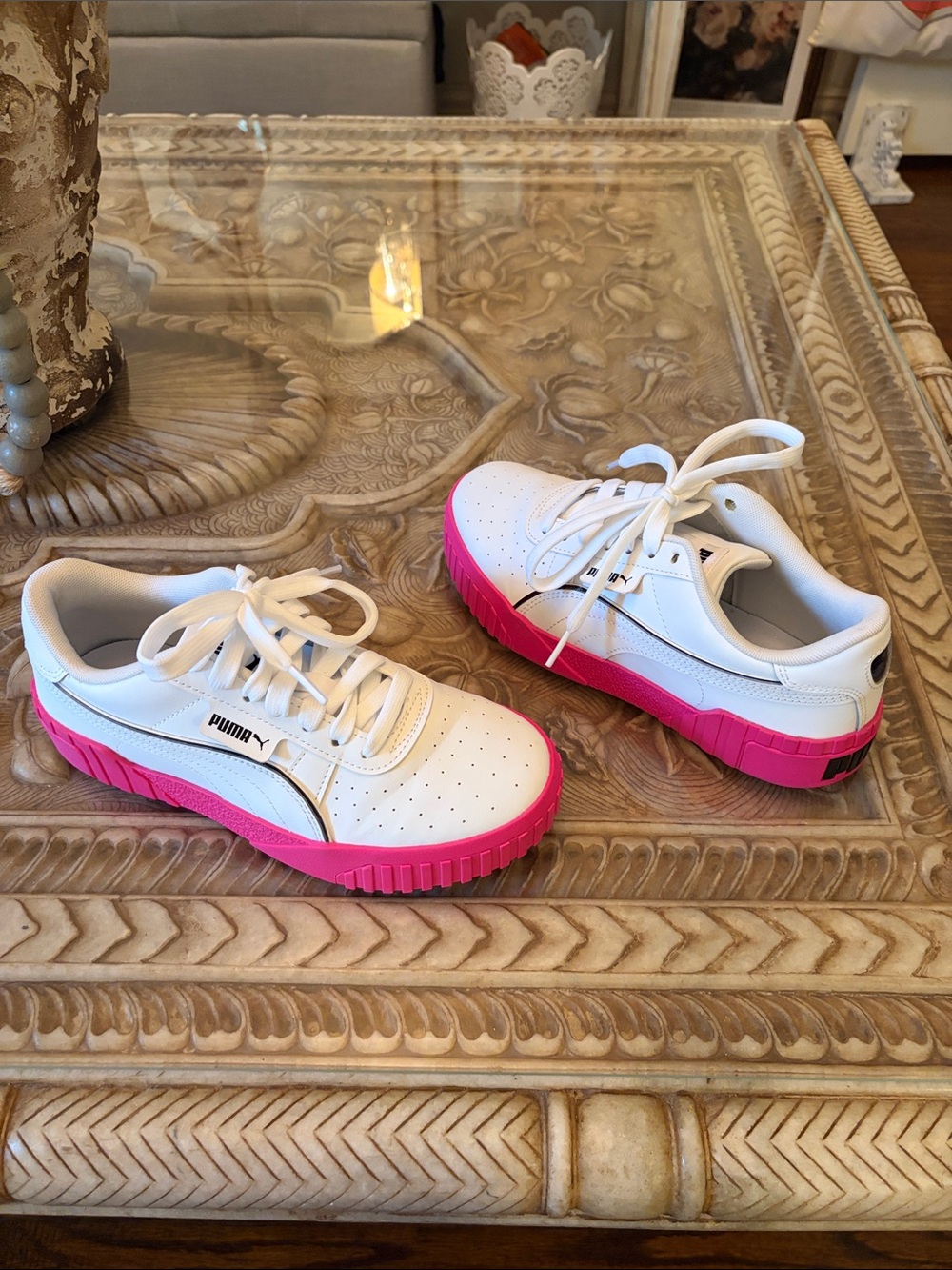 Puma White Sneakers with Pink Platform Sole💖